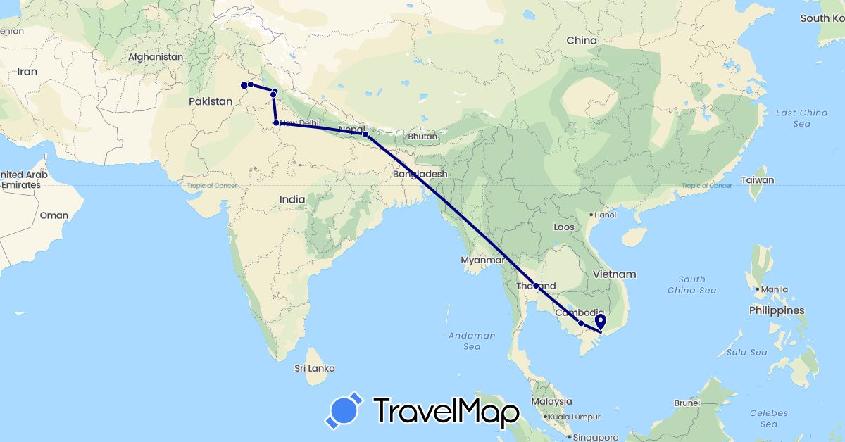 TravelMap itinerary: driving in India, Cambodia, Nepal, Pakistan, Thailand, Vietnam (Asia)